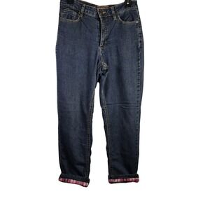 Bit & Bridle Flannel Lined Jeans Women 8 Blue Excellent Plaid Cuff Straight Leg